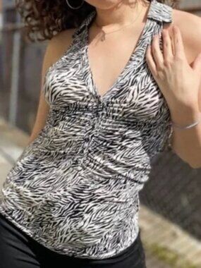 Free People Cocoa Zebra Ruched Tank Top NWT Black White Size M